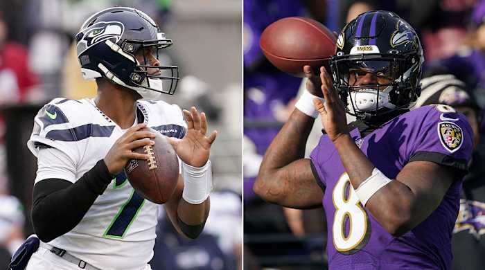 Separate photos of Geno Smith and Lamar Jackson